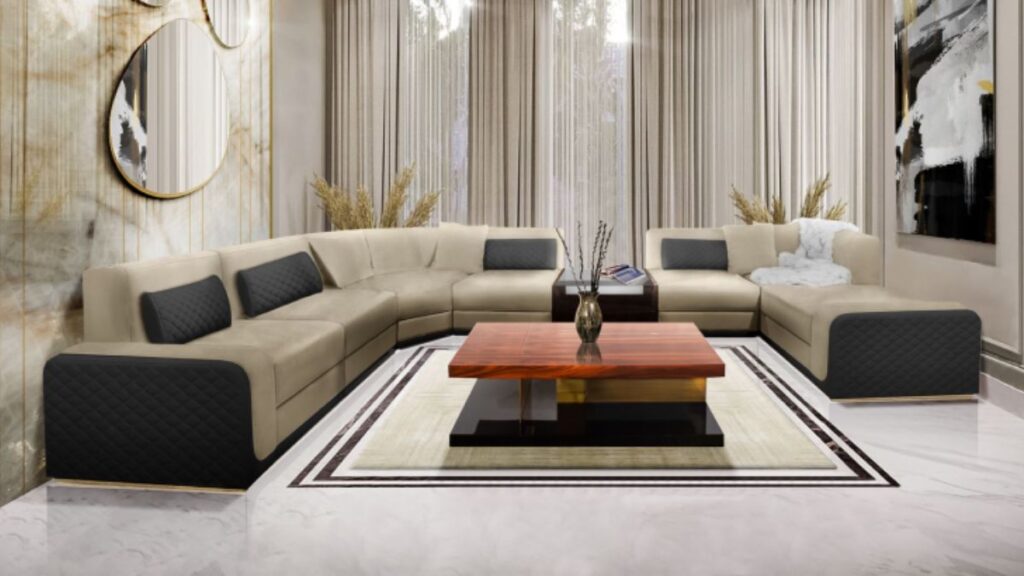Indoor plants and natural wood furniture in autumn interior design