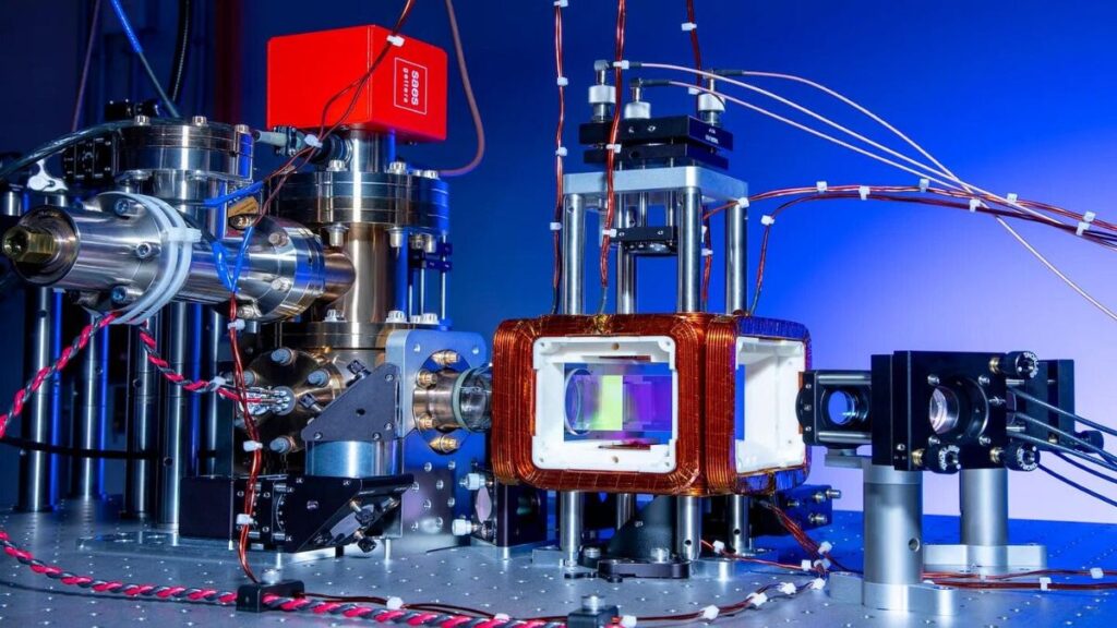 Quantum computer laboratory showing lasers controlling neutral atom qubits